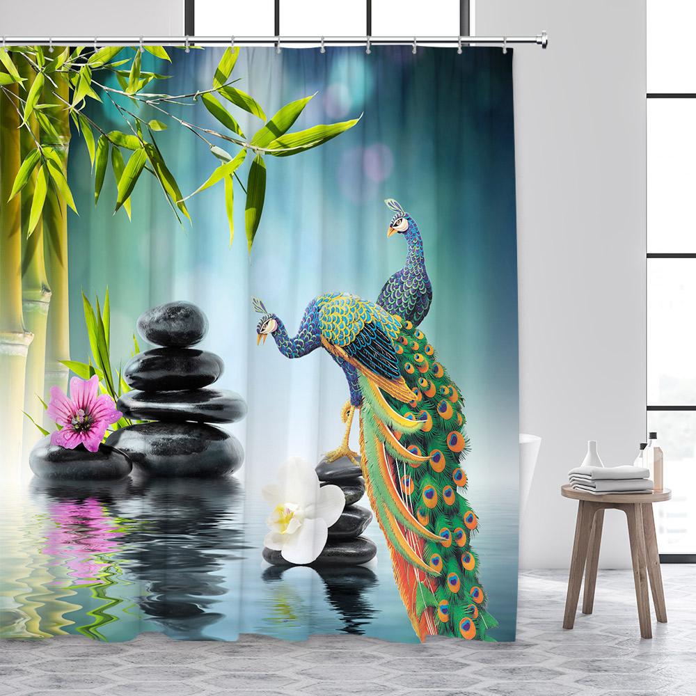 Zen Shower Curtain Green Bamboo Buddha Pink Orchid Lotus Swan Spa Nature Scenery Bathroom Curtains Fabric Home Decor with Hooks