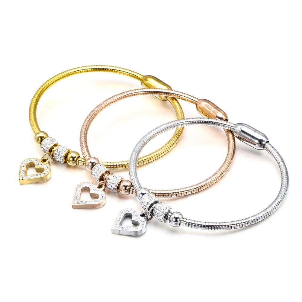 New Style Heart Crystal Charm Bracelet Bangles Magnet Clasp with Snake Chain 316L Stainless Steel Women Wedding Jewelry