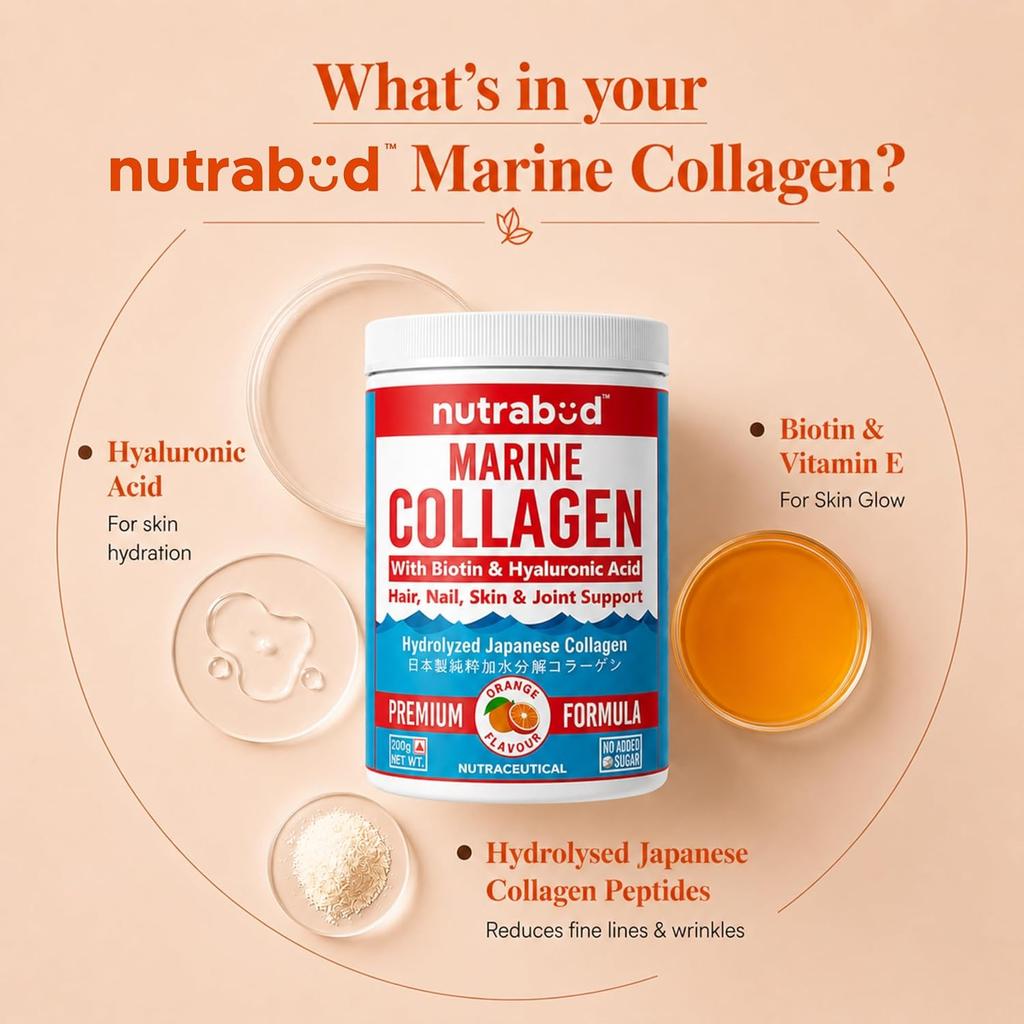 Nutrabud Japanese Marine Collagen Peptides Powder Orange Flavor Supplement For Skin Hair And Nail Health 200g Pack Of 1