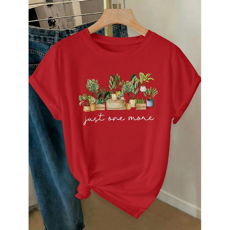 Elegant Women's Clothing with Green Plant and Potted Plant Prints, a High-value Gift, Round Neck, Short-sleeved for Spring, Summer, and Autumn T