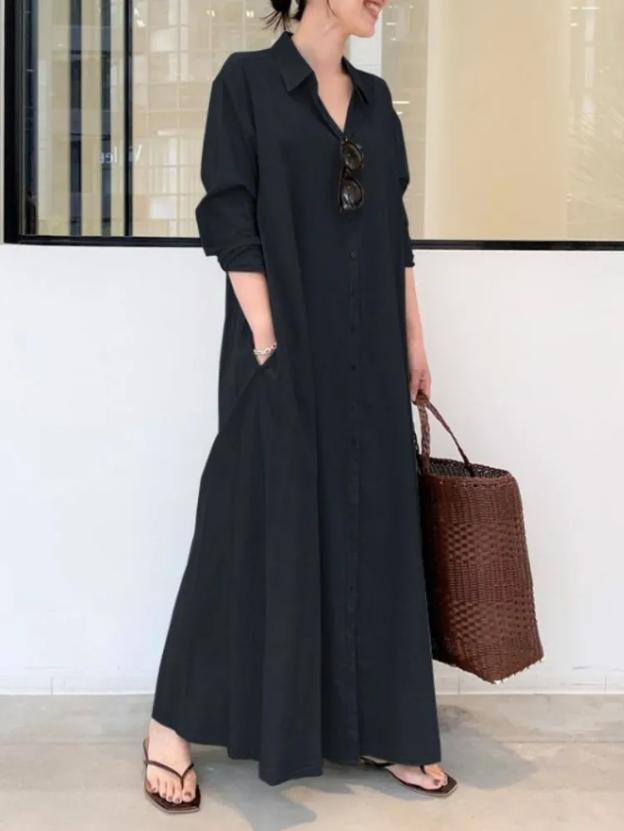 Women's Lapel Long Sleeve Plug Pocket Loose Casual Long Shirt Dresses