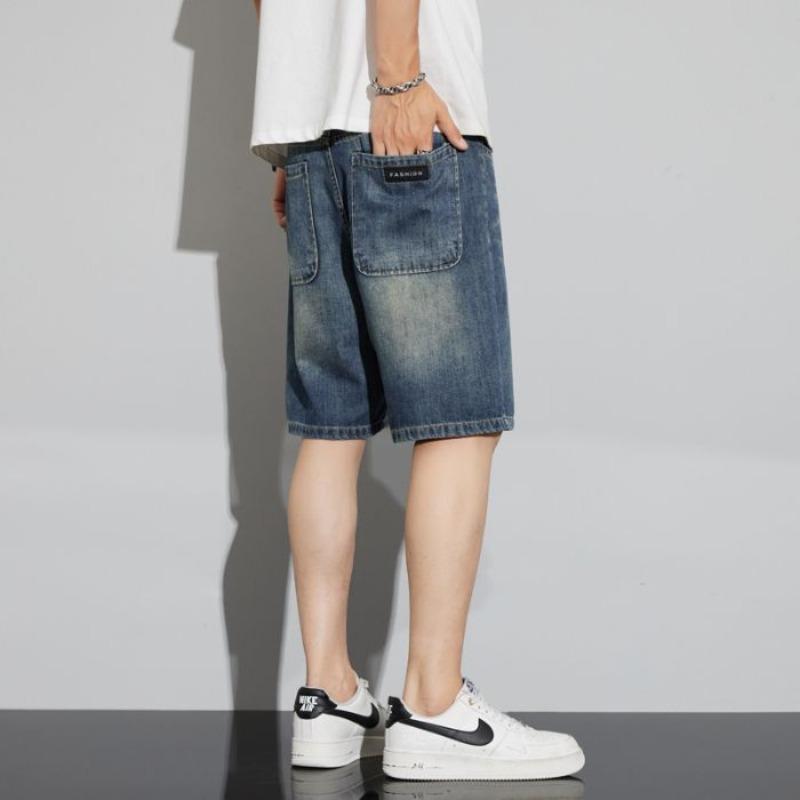 Ropa de hombre Shanggu, shorts de mezclilla de pierna recta de verano, pantalones de cinco puntos holgados lavados retro, jeans holgados