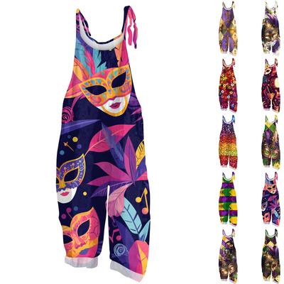 Women's Casual Jumpsuit Sleeveless Carnival Mask Print Loose Retro Overalls Jumpsuit