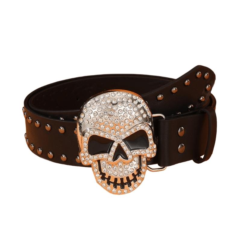 

Rhinestones Skull Buckle Belt for Women Men with Rivet Studded Hiphop Belt for Jeans Popular Rockers Waist Accessories чёрный