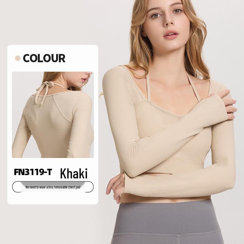 Women's Ribbed Halter Neck Yoga Top with Long Sleeves and Pads - High Elastic Cropped Fitness Top for Autumn/Winter