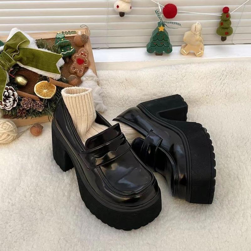 New Versatile Thick-soled Round-toe Leather Shoes for Women, High Heels