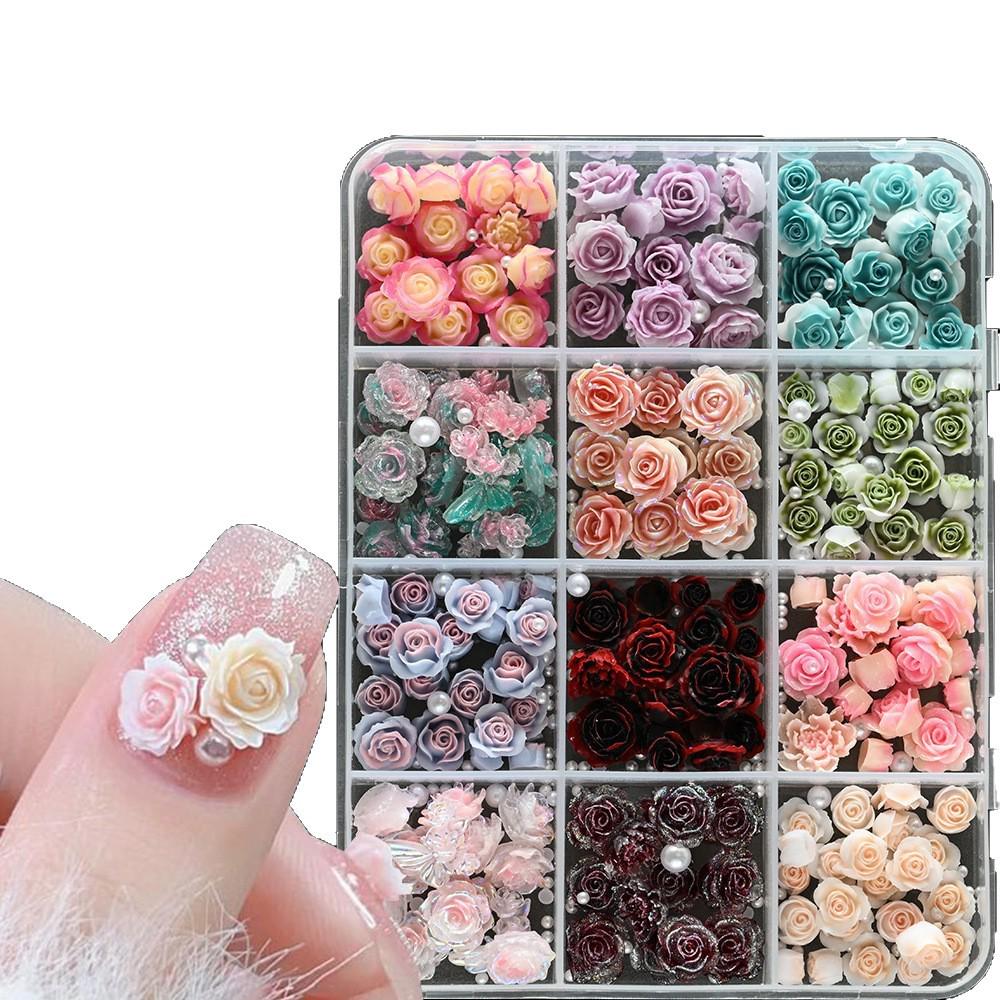 Rose Pearl & Camellia Nail Art Decorations - 12 Grids Mixed Pack