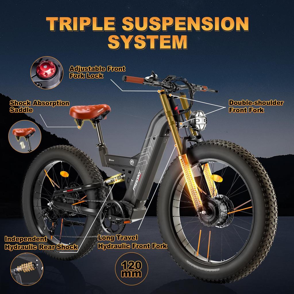 Freesky M530 Electric Bike, 2 * 1000W Dual Motor, 48V 30Ah Battery, 26*4.0'' Fat Tires, Range 120KM,  Max 64 KM/H, Dual Suspension