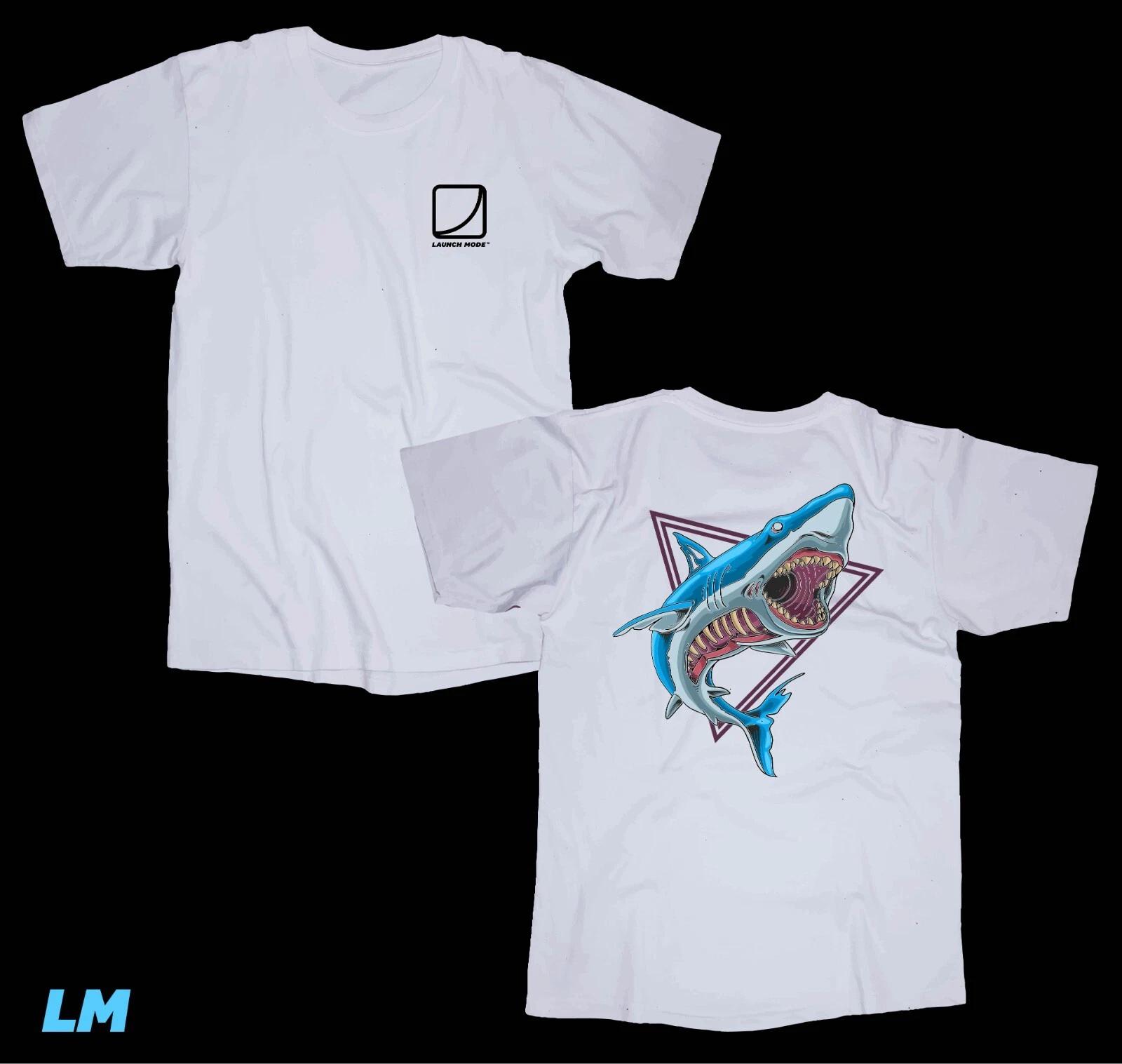 LAUNCH MODE Shark white T-shirt BMX Surfing Skateboarding Snowboarding Ride Moto L