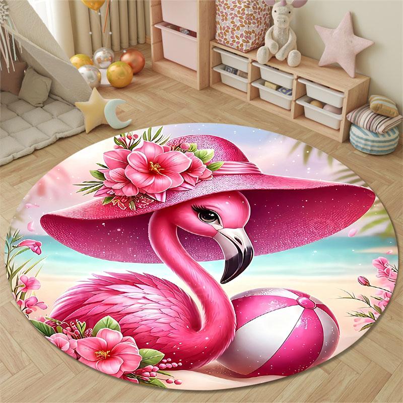 Luxury Round Flamingo Pink Area Rug, Non-Slip Floor Mat for Bedroom