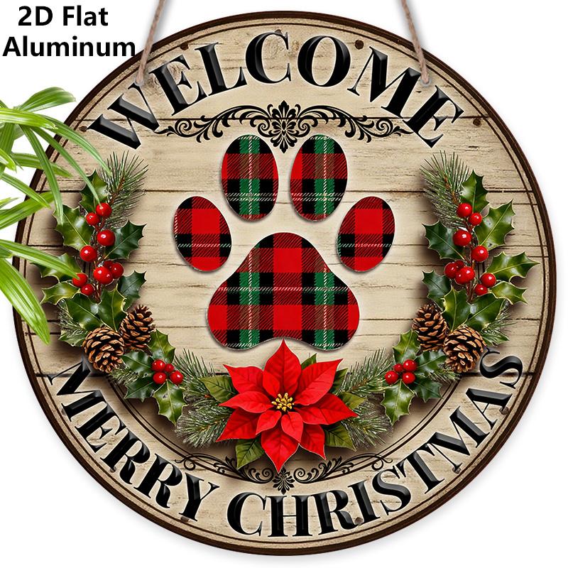 2D Flat Aluminium Christmas Welcome Sign with Paw Pattern - Navidad Figurine Ornaments - Ideal for Front Door, Wall, Porch, Fence Decor - Ideal