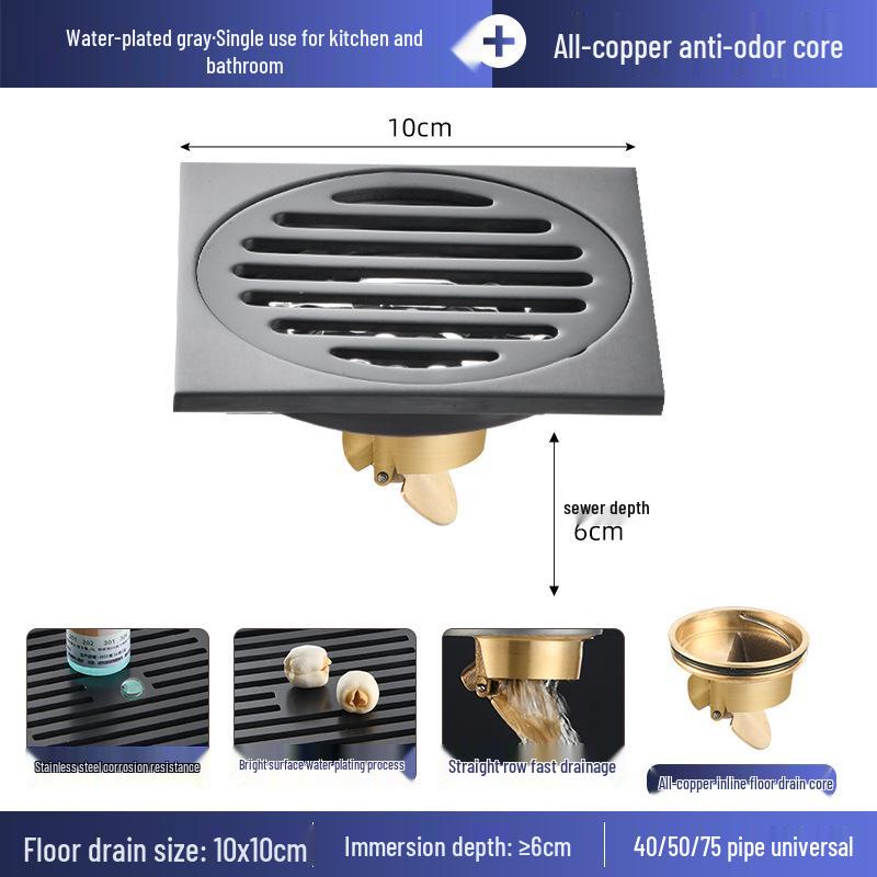 Gunmetal Gray 304 Stainless Steel Odor-Resistant Floor Drain with Copper Core for Shower & Washing Machine.