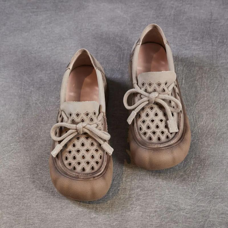 Johnature Retro Hollow-out Breathable Genuine Leather Shoes With Soft Soled Women's Slip-on Shoes