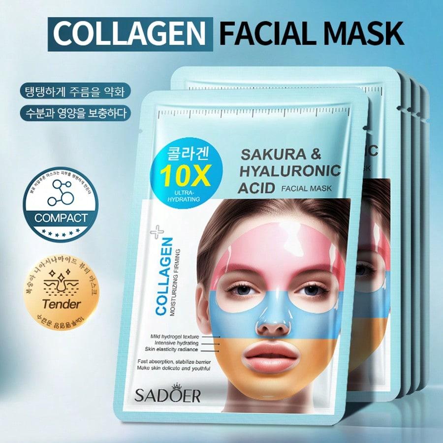 1/3/5/10PCS Collagen Three-Color Rainbow Mask, Cherry Blossom Hyaluronic Acid Mask,Moisturizes Dry,D