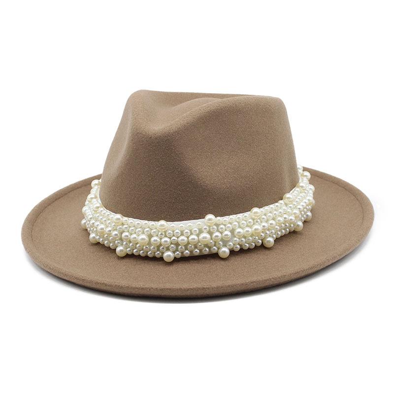 Pearl Wool Top Hat Men'S And Ladies' Jazz Hat Rolled Eaves Big Eaves Hat Tweed Wool Hat