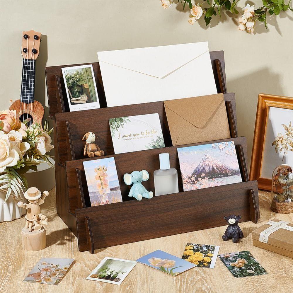 2/3/4 Tiers Greeting Card Display Stand Wooden Vertical Design Jewelry Storage Rack Multi-Functional Space Saving