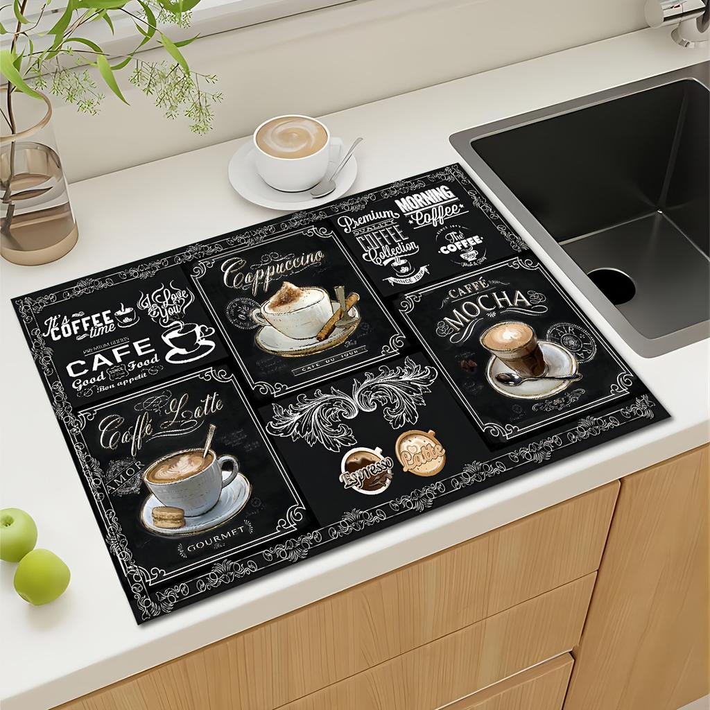 1ks Gumová sušicí podložka s retro kávovým nádobím Pro kavárny Restaurace Kuchyň Kobercové nádobí Odolné Diatom Mud Stolní podložka Pet Mat Coffee