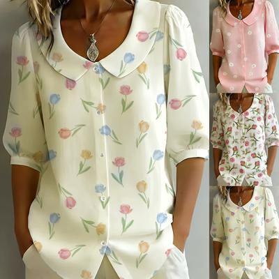 Blusa Informal para Mujer de Corte Holgado con Mangas Abullonadas, Estampado Floral y Cuello, Camisa de Botones
