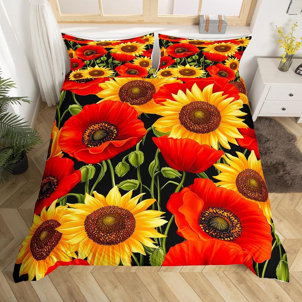 Sunflower Duvet Cover Twin King, Spring Garden Flowers Comforter Cover, Yellow Floral Botanical Bedding Set for Teen Women Room