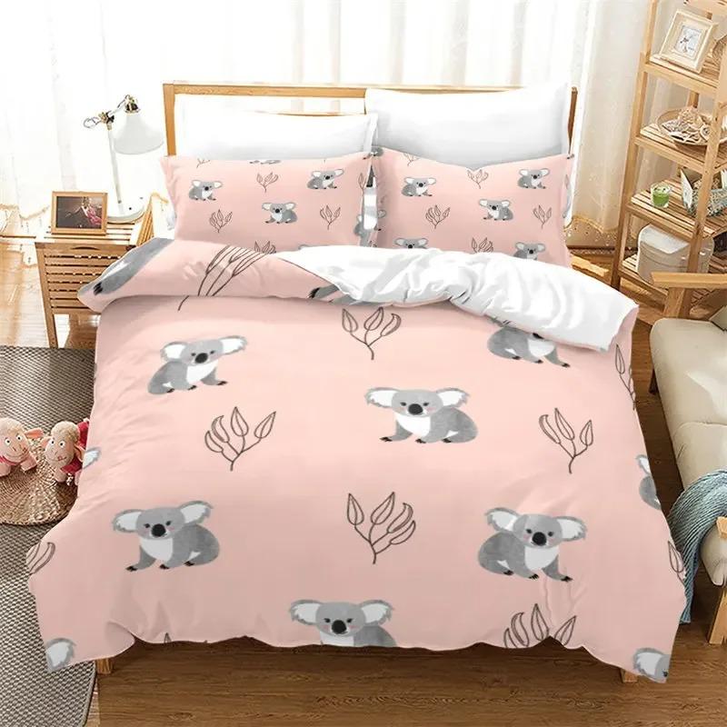 Cartoon Koala Duvet Cover Microfiber Cute Animal Bedding Set Botanical Leaves Comforter Cover For Boys Girls Children Room Decor
