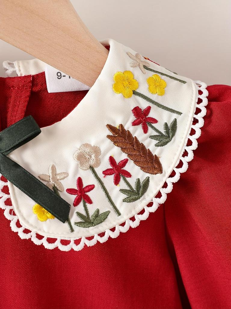 Adorable Red Vintage Dress for Toddler Girls | French-Inspired Floral Embroidered Peter Pan Collar with Bow, Long Sleeve Princess Dress