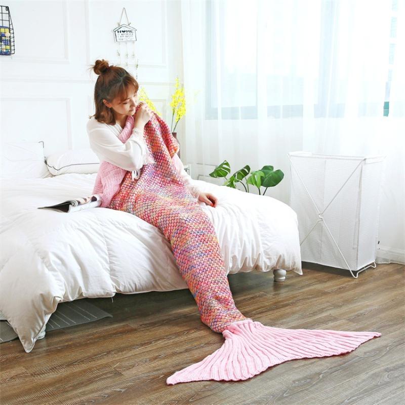 Modern Striped Fish Scale Sleeping Blanket Mermaid Tail Sleeping Bag Knitted Blanket Leisure Office Nap Air Conditioning Blanket Sofa Bed Towel