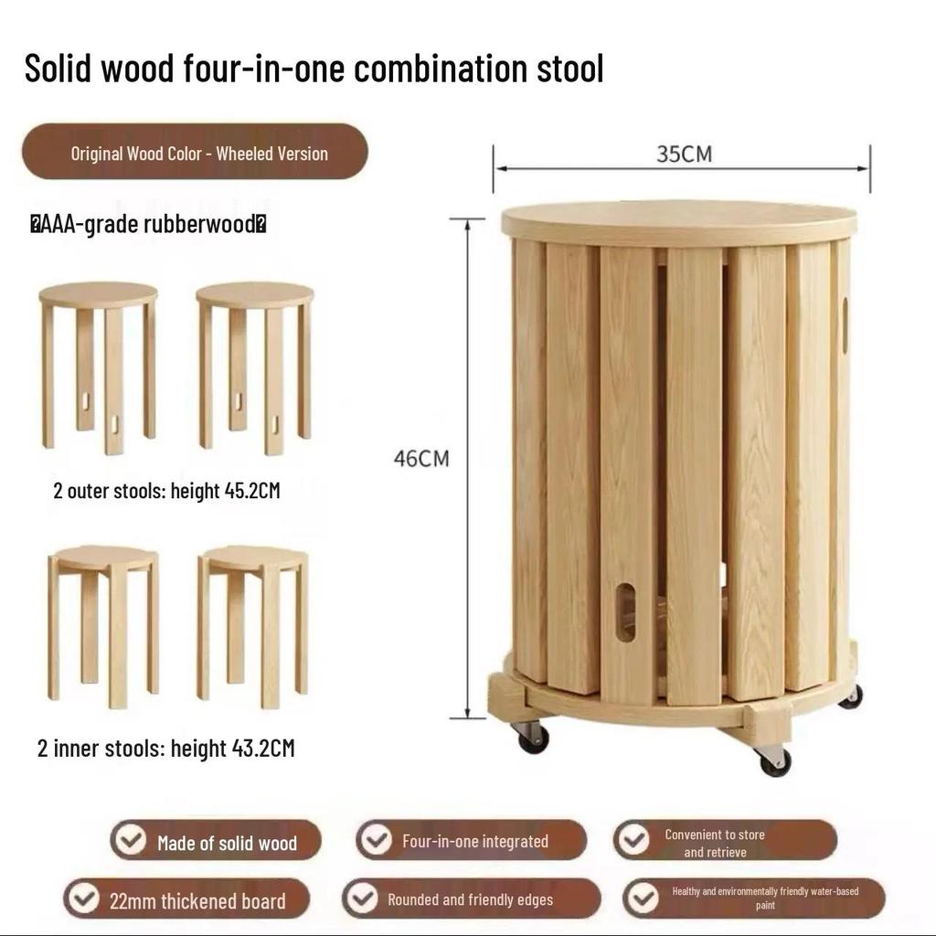 Sgabello Impilabile in Legno Massiccio con Ruote – Design Sei-in-Uno per Facile Conservazione e Uso Domestico