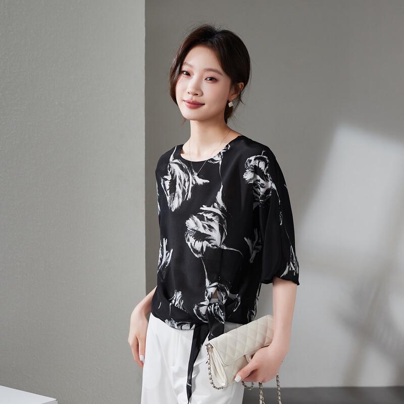 SOFSIL 2026 Summer 100% Silk Short Sleeve Blouse L чёрный