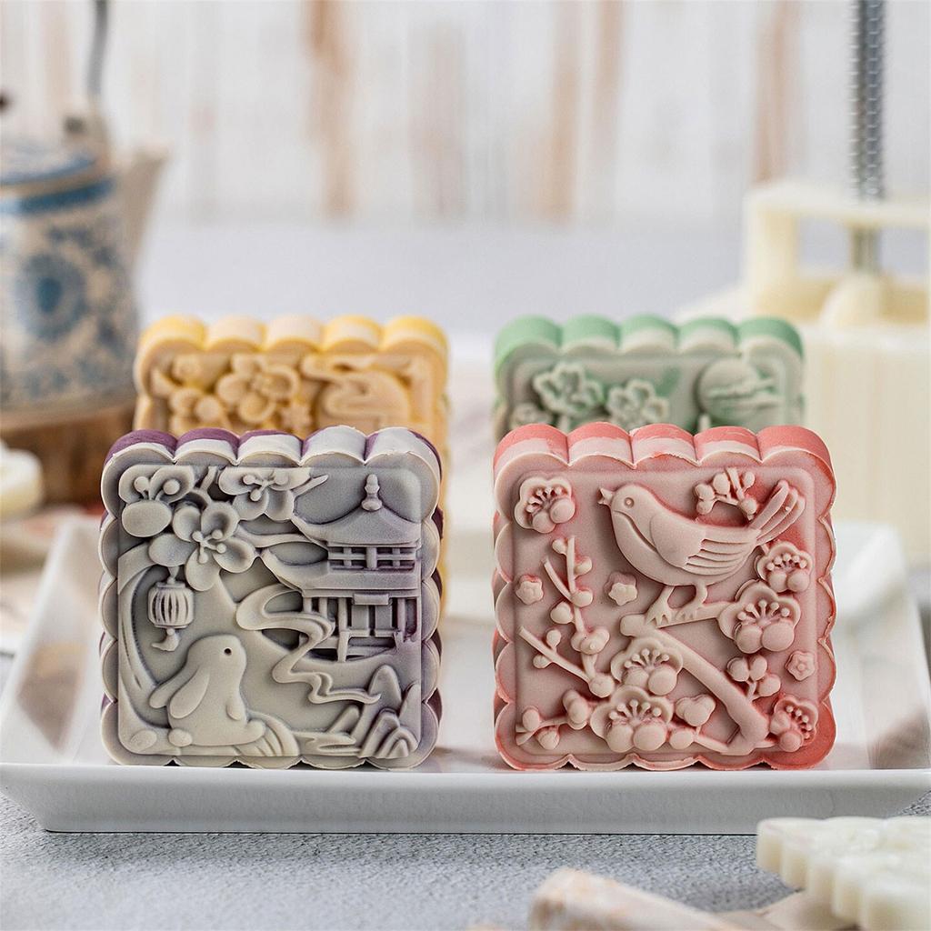 75g 3D Square Mooncake Mold ABS Plastic Baking Tool With Traditional Rabbit Fish Pattern For Mid Autumn Festival