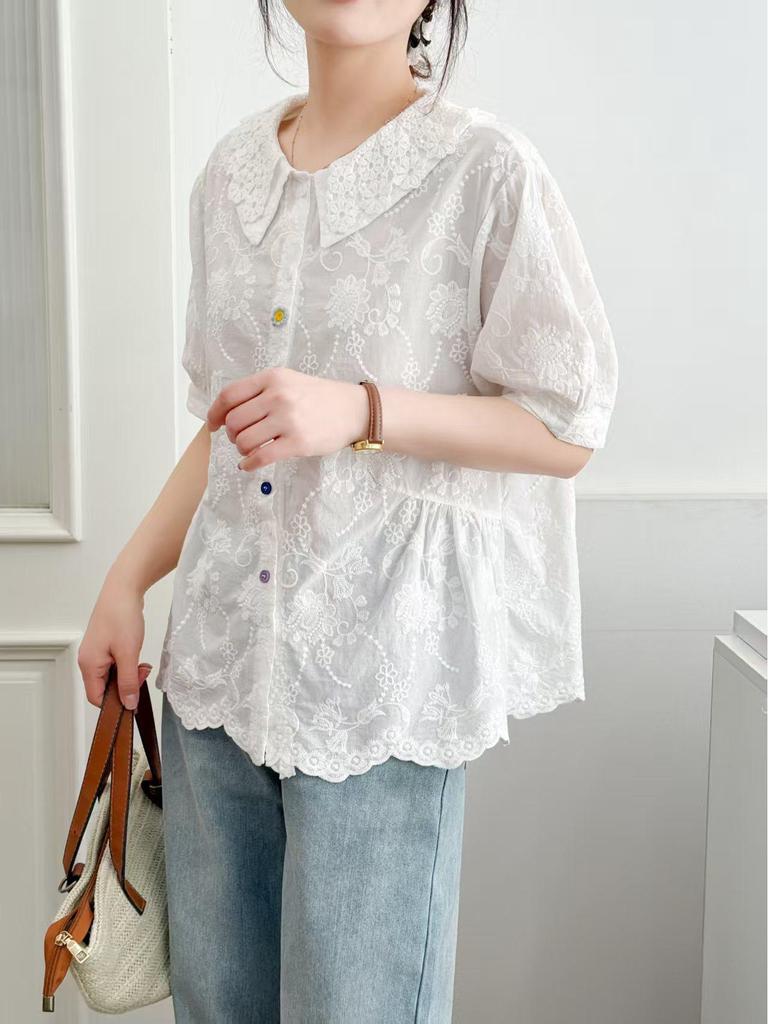 Dámská letní košile s límečkem Petra Pana 2025: Módní, Všestranná, Volná, Zeštíhlující, Omlazující, Halenka s krátkým rukávem