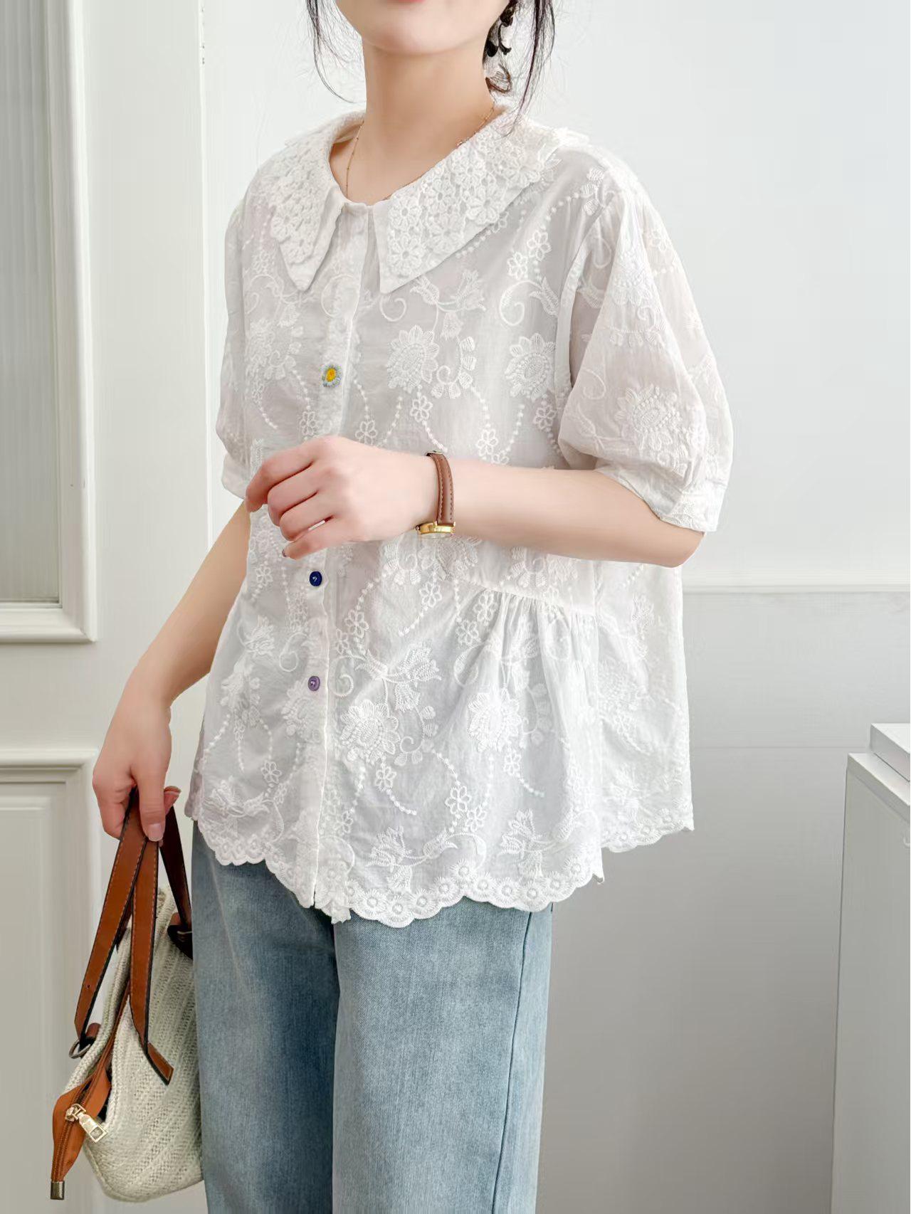 

Летняя женская рубашка с воротником Питер Пэн 2025: Модная, Универсальная, Свободная, Стройнящая, Омолаживающая, Блузка с коротким рукавом L белый