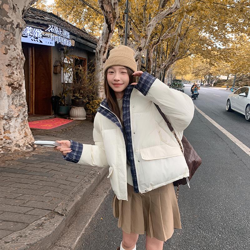 

Women s Short Stitching Color-contrast Plaid Collar Warm Puffer Jacket XXL бежевый