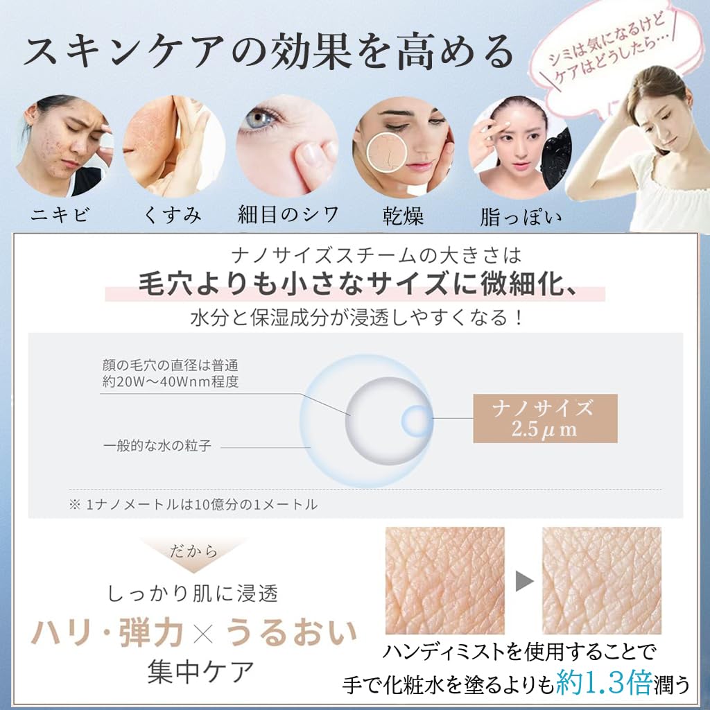 Facial Steamer, Handheld Mist Steamer, Ultrasonic Mist Spray, Throat Care, Ultra-Fine Mist, USB Rechargeable, Moisturizing, Dry Skin, Hydration, Clear