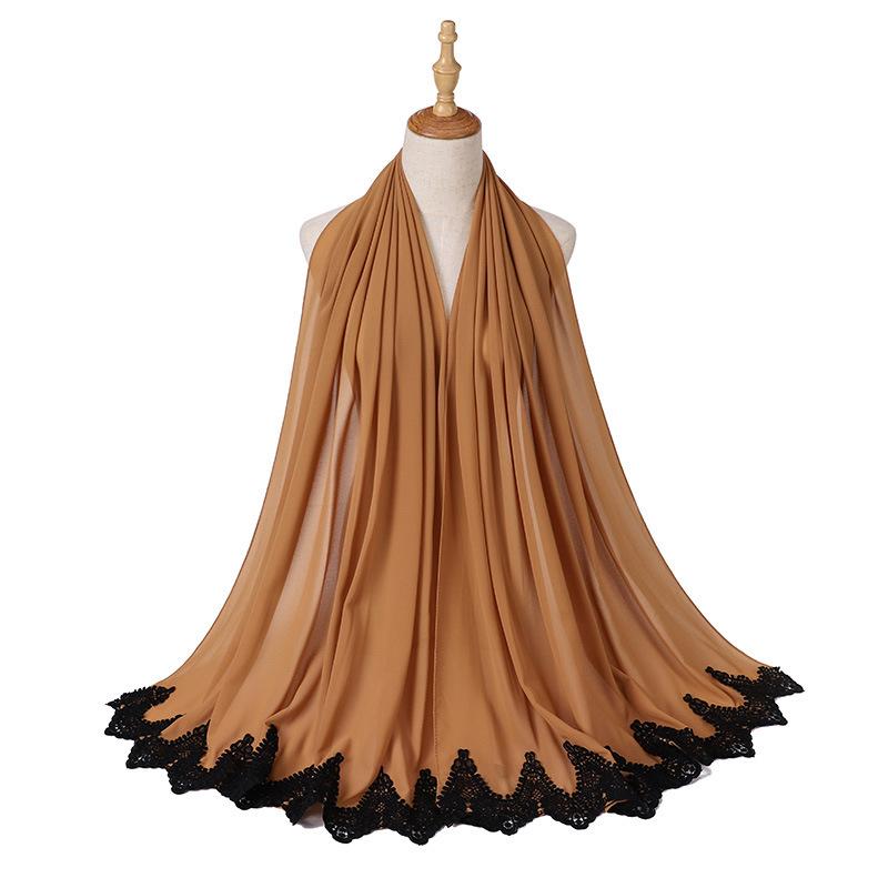 New Pearl Chiffon Malaysia Fashion Black Lace Scarves Muslim Shawl Plain Soft Turban Head Wraps Headband