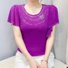 Summer New Elegant O-Neck Short Sleeved Mesh T-shirt Fashion Ruffles Hot Diamonds Women's Tees Chic Butterfly Sleeve Casual Tops