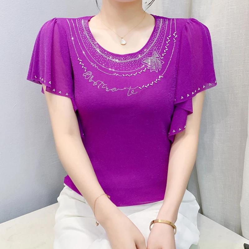 Summer New Elegant O-Neck Short Sleeved Mesh T-shirt Fashion Ruffles Hot Diamonds Women's Tees Chic Butterfly Sleeve Casual Tops