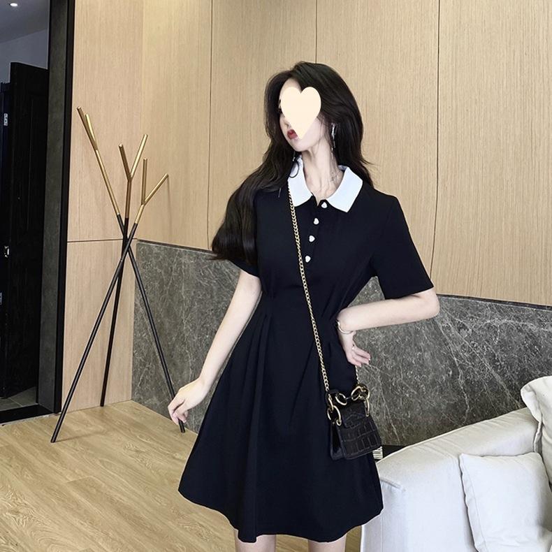 Temperament small black dress new waist polo collar dress small skirt S