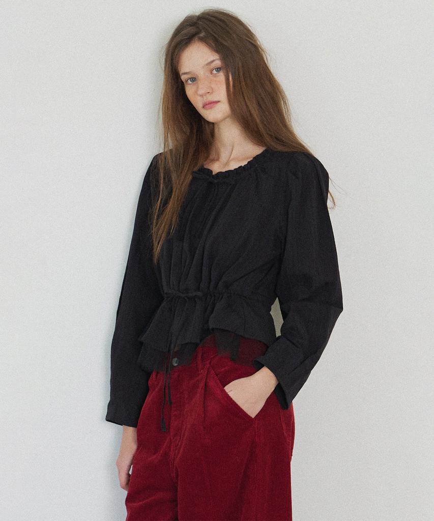 Hauseuobeupondeu Sheer Layering Long Sleeve Blouse_Black