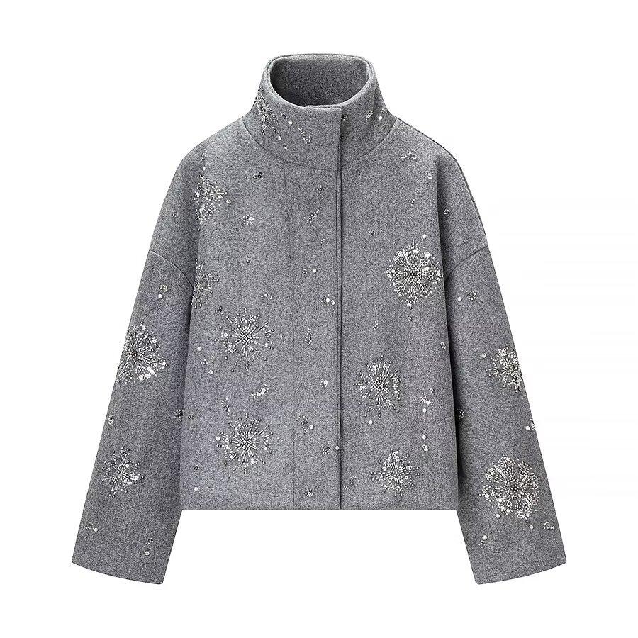 European and American style, new women's clothing, fashionable, casual, printed beaded woolen jacket