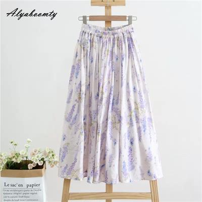 Spring Summer Women Floral Light Purple Skirt Elastic Waist Cotton Linen Print Skirts Womens Elegant Feminine Ladies' Chic Midi Skirt