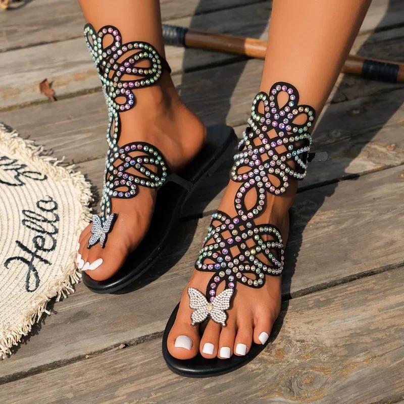 2024 Solid Color Versatile and Comfortable Rhinestone Decorated Women's Shoes Open-Toe Summer Breathable Bow Tuck Toe