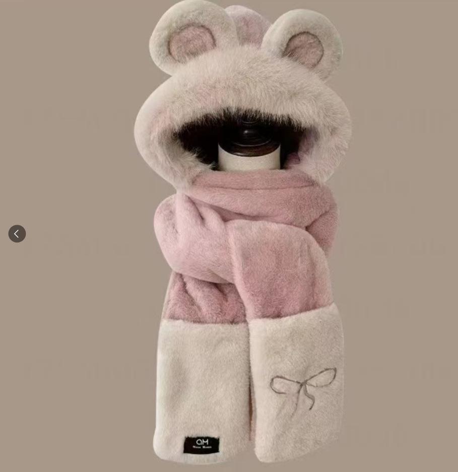 Шапка женский шарф перчатки интегрированный с капюшоном милый плюшевый зимний шарф теплый зимний плюшевый трехпредметный набор one size fits all