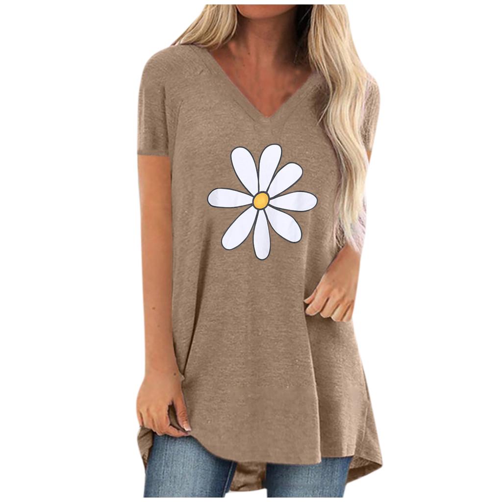 Women Summer Tops V-neck Floral Print Short Sleeve T-Shirts Graphic Blouse