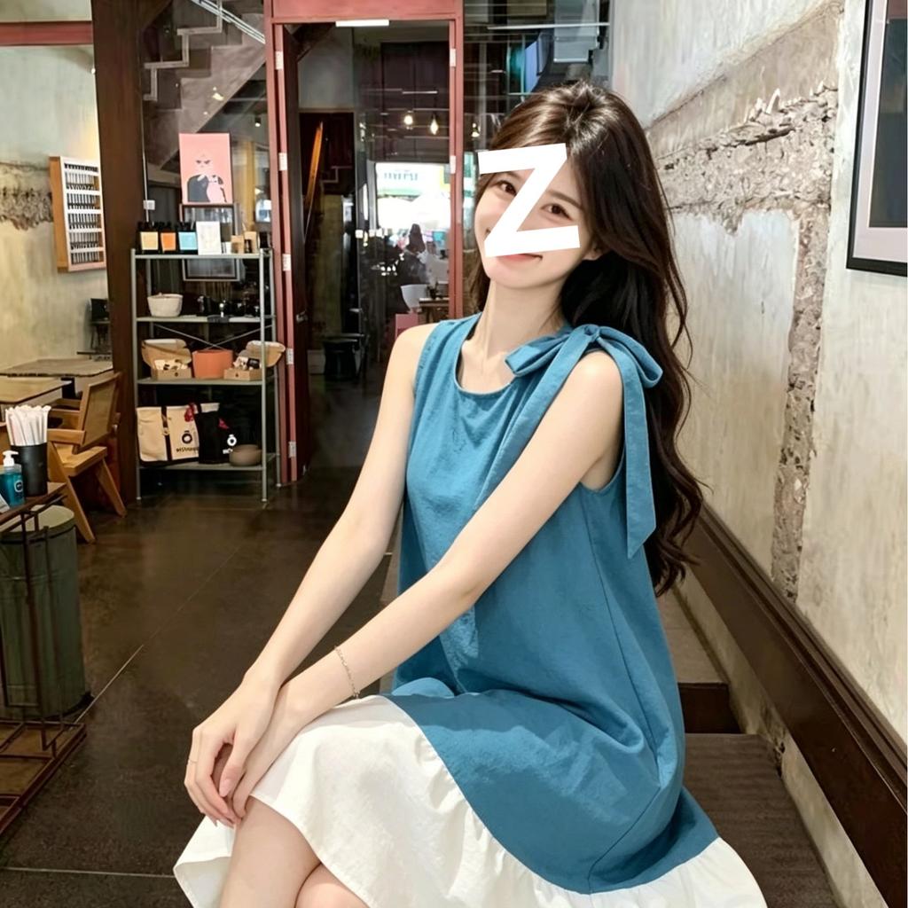 Lazy wind contrasting color fishtail vest skirt round neck unilateral strap loose meat covering small daily casual dress