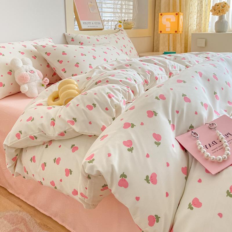 Washed Cotton 4Pcs Dormitory Small Fresh Naked Sleeping 3Pcs Double-Layer Yarn Bed Sheet Quilt Cover