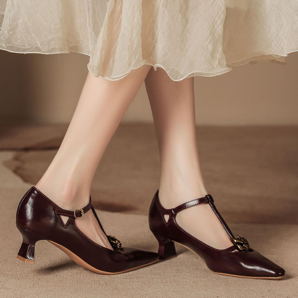 H686-2 soft leather retro high heels for women with Mary Jane fashion single shoes solid color autumn and winter shoes for women outside