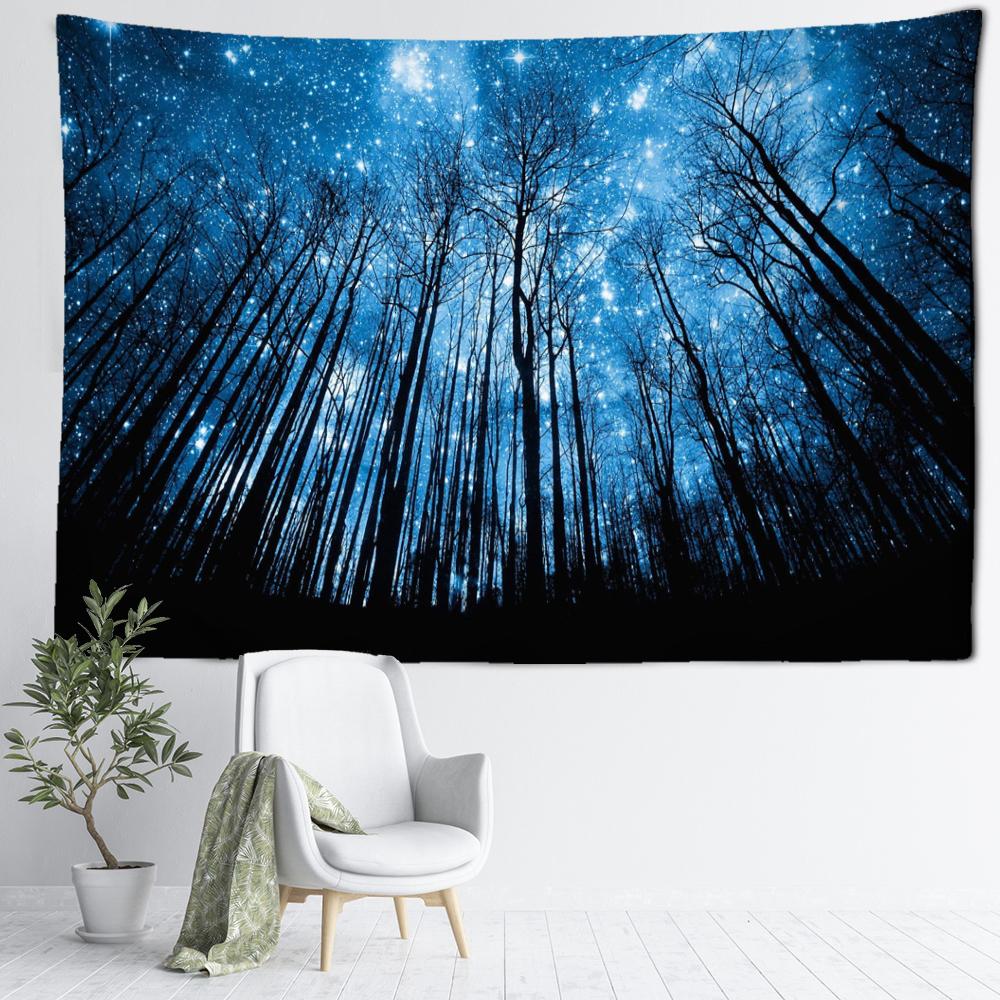 Dark Blue Starry Sky Forest Tapestry Wall Hanging Mysterious Hippie Night View Aesthetic Room Bohemian Room Decor