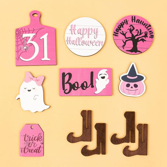 Halloween Tiered Tray Decor Set Happy Halloween Wooden Signs Cute Ghost Model Witch Spider Hat Ornaments Festive Atmosphere Decoration