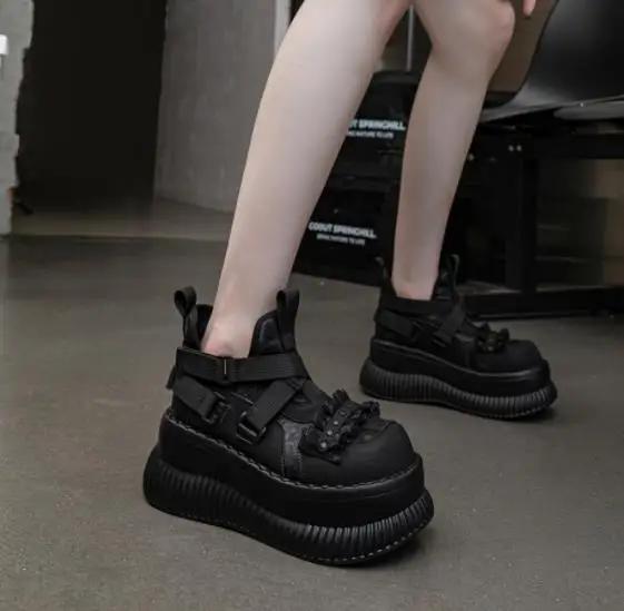 Fashion 8CM Gothic Style Chunky Boots High Platform Women Ankle Boots Elegant Walking Comfy Woman Motorcycle Shoes Punk Leather Boots