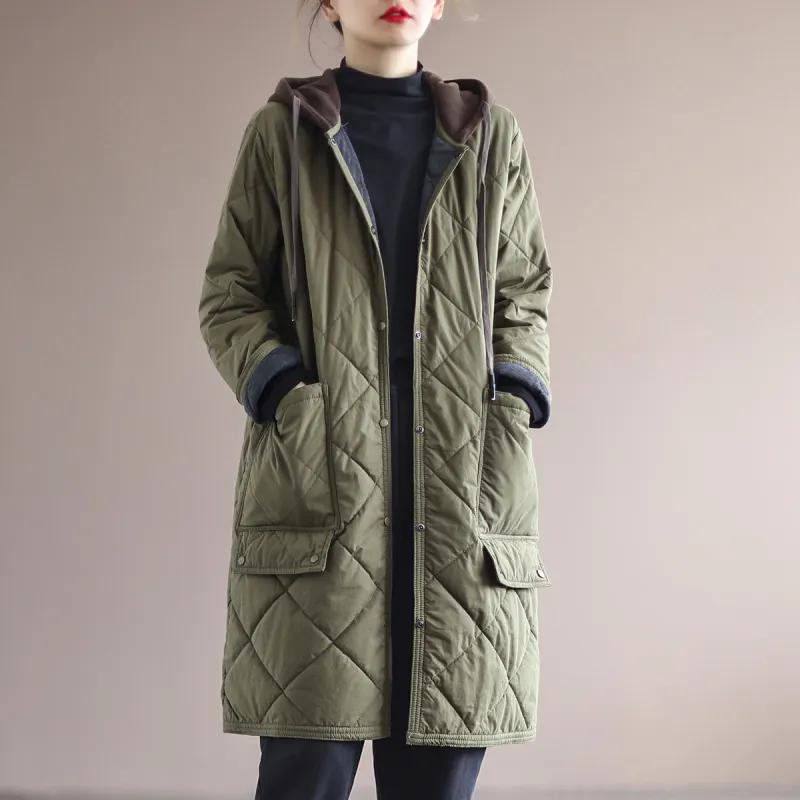 Diamond-shaped Plaid Cotton Hooded Coat Loose Casual Mid-length Cotton Jacket Warm and Windproof All-match Women's Cotton Jacket
